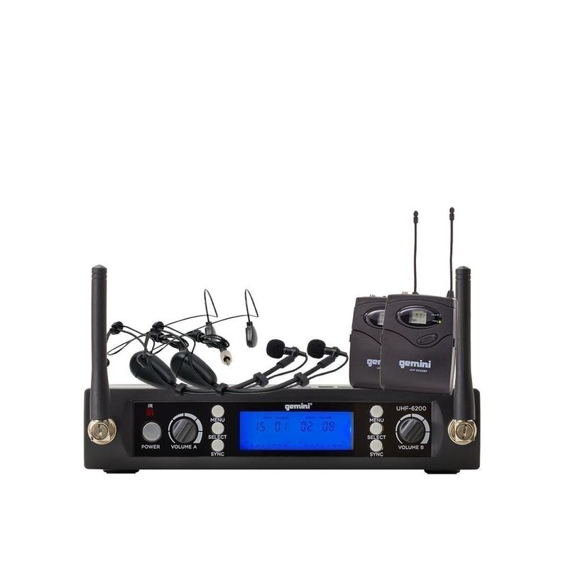 Gemini UHF-6200HL Dual Channel Wireless PLL System, Includes UHF Receiver, 2x Beltpack Transmitter and 2x Headset Lavalier Microphone